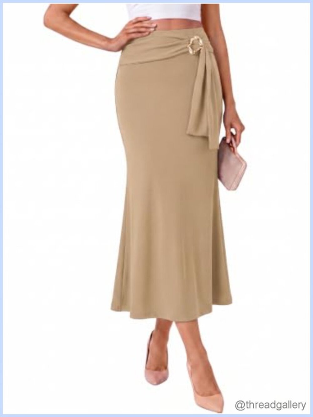 Wenrine Womens Stretch Wrap High Waist Midi Skirt Business Casual